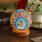 Bohemian Glass Ball USB LED Table Lamp with Wooden Base for Bedroom Decor