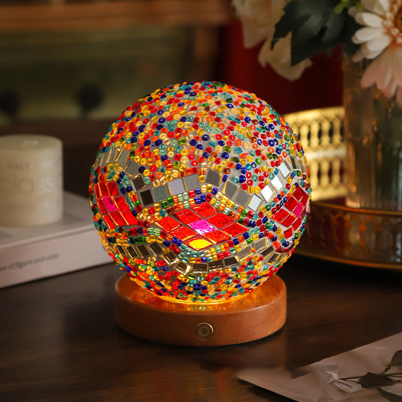 Bohemian Glass Ball USB LED Table Lamp with Wooden Base for Bedroom Decor