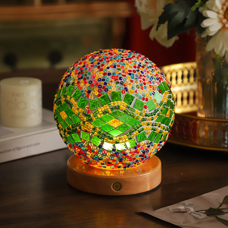 Bohemian Glass Ball USB LED Table Lamp with Wooden Base for Bedroom Decor