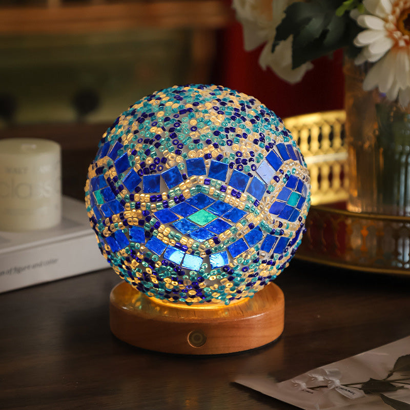 Bohemian Glass Ball USB LED Table Lamp with Wooden Base for Bedroom Decor