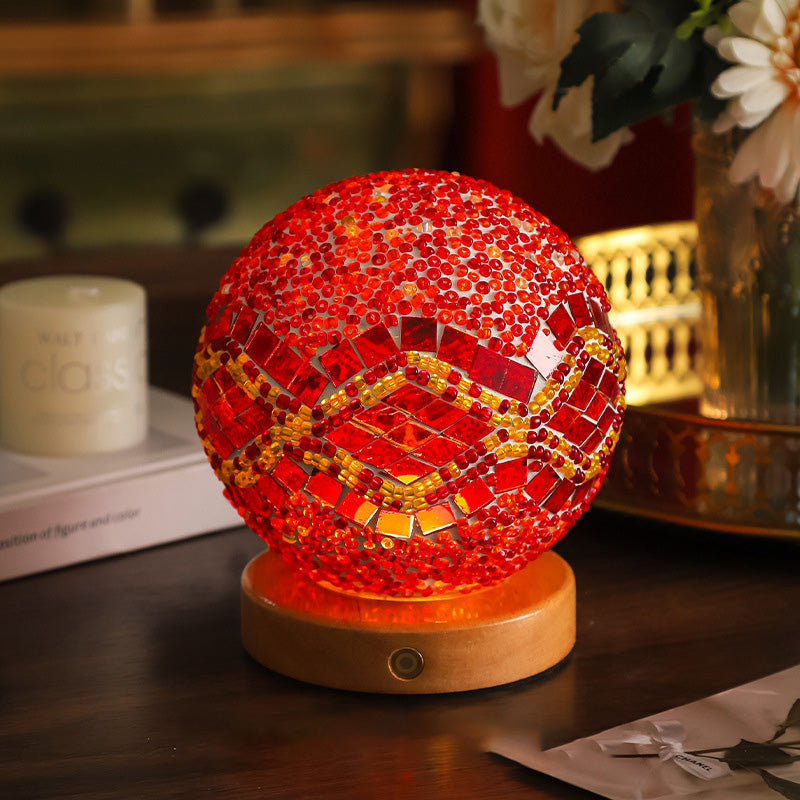 Bohemian Glass Ball USB LED Table Lamp with Wooden Base for Bedroom Decor