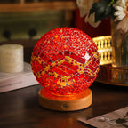 Bohemian Glass Ball USB LED Table Lamp with Wooden Base for Bedroom Decor