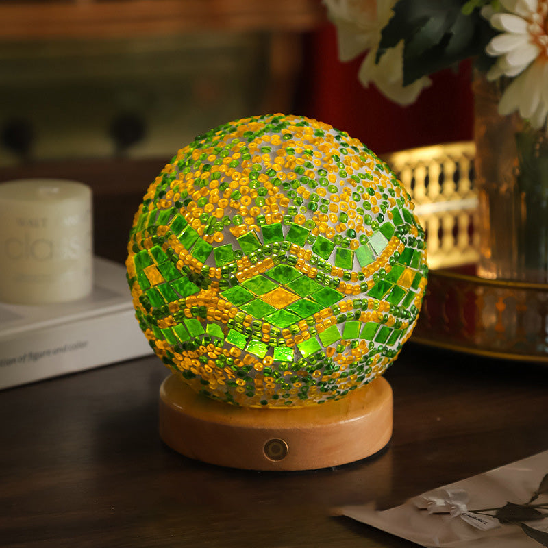 Bohemian Glass Ball USB LED Table Lamp with Wooden Base for Bedroom Decor