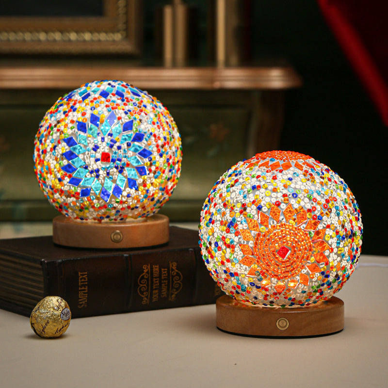 Bohemian Glass Ball USB LED Table Lamp with Wooden Base for Bedroom Decor