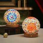 Bohemian Glass Ball USB LED Table Lamp with Wooden Base for Bedroom Decor