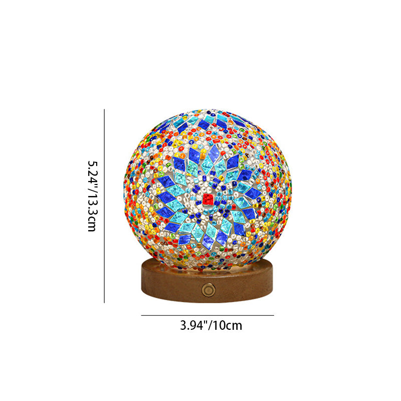 Bohemian Glass Ball USB LED Table Lamp with Wooden Base for Bedroom Decor