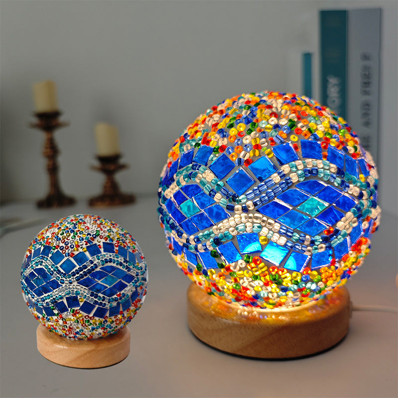 Bohemian Glass Ball USB LED Table Lamp with Wooden Base for Bedroom Decor