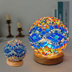 Bohemian Glass Ball USB LED Table Lamp with Wooden Base for Bedroom Decor