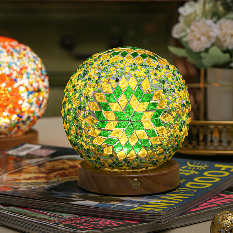 Bohemian Glass Ball USB LED Table Lamp with Wooden Base for Bedroom Decor