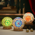 Bohemian Glass Ball USB LED Table Lamp with Wooden Base for Bedroom Decor