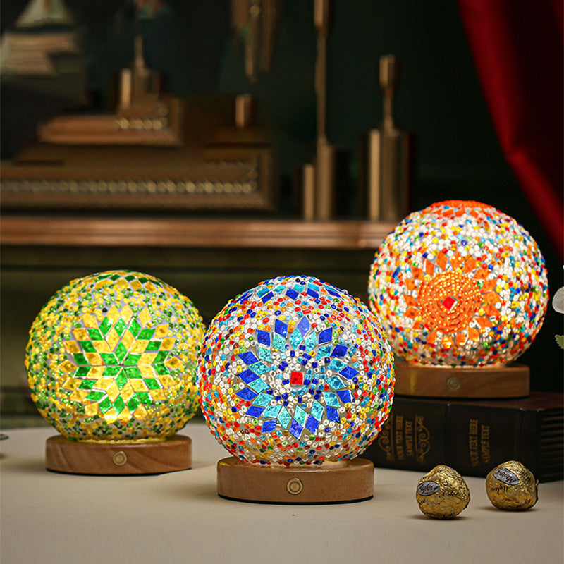 Bohemian Glass Ball USB LED Table Lamp with Wooden Base for Bedroom Decor