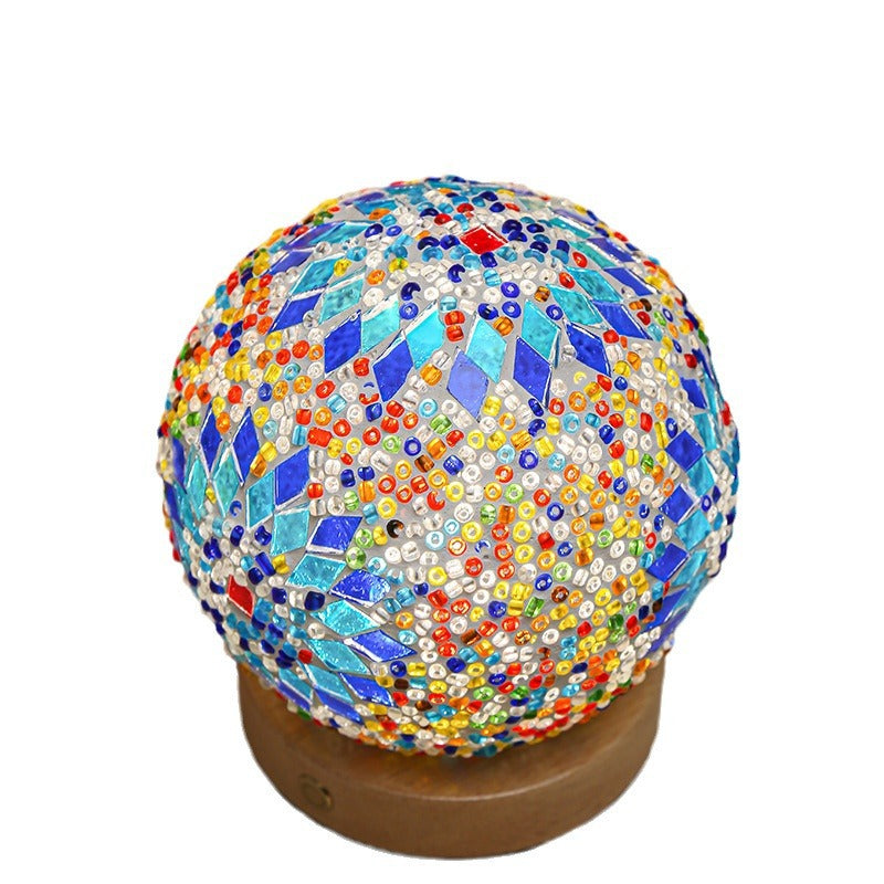 Bohemian Glass Ball USB LED Table Lamp with Wooden Base for Bedroom Decor
