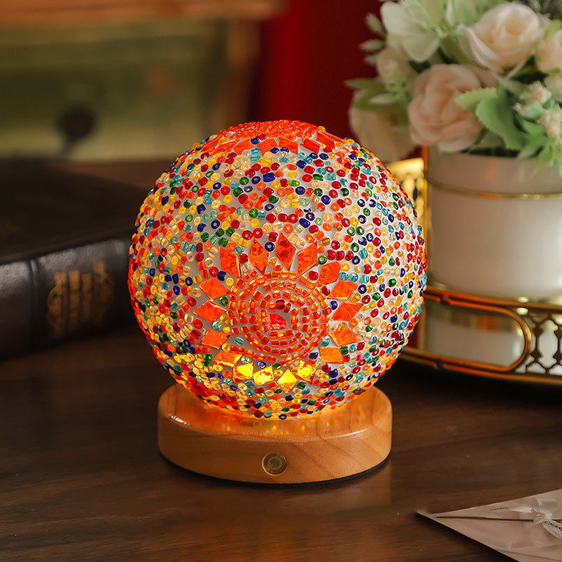 Bohemian Glass Ball USB LED Table Lamp with Wooden Base for Bedroom Decor