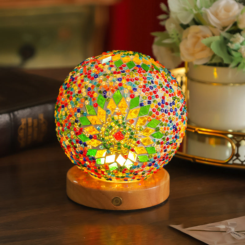 Bohemian Glass Ball USB LED Table Lamp with Wooden Base for Bedroom Decor