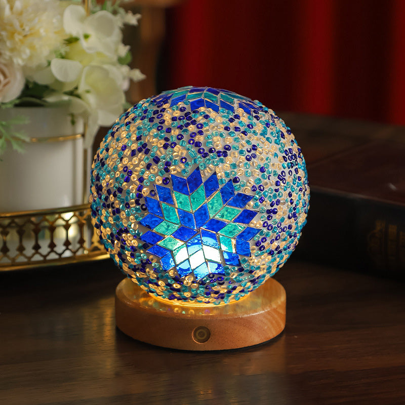 Bohemian Glass Ball USB LED Table Lamp with Wooden Base for Bedroom Decor