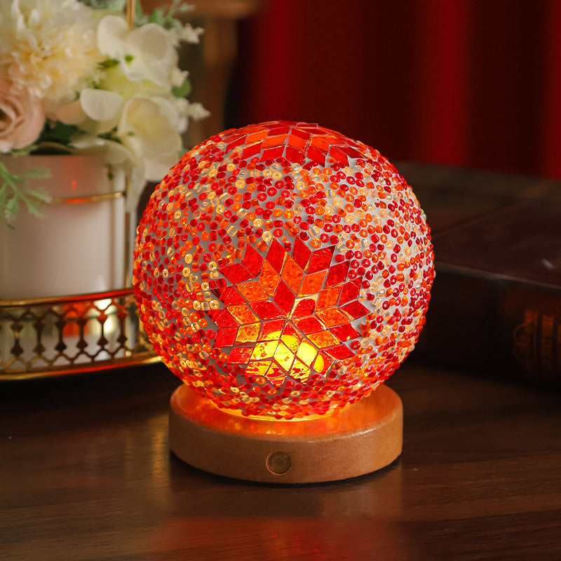 Bohemian Glass Ball USB LED Table Lamp with Wooden Base for Bedroom Decor