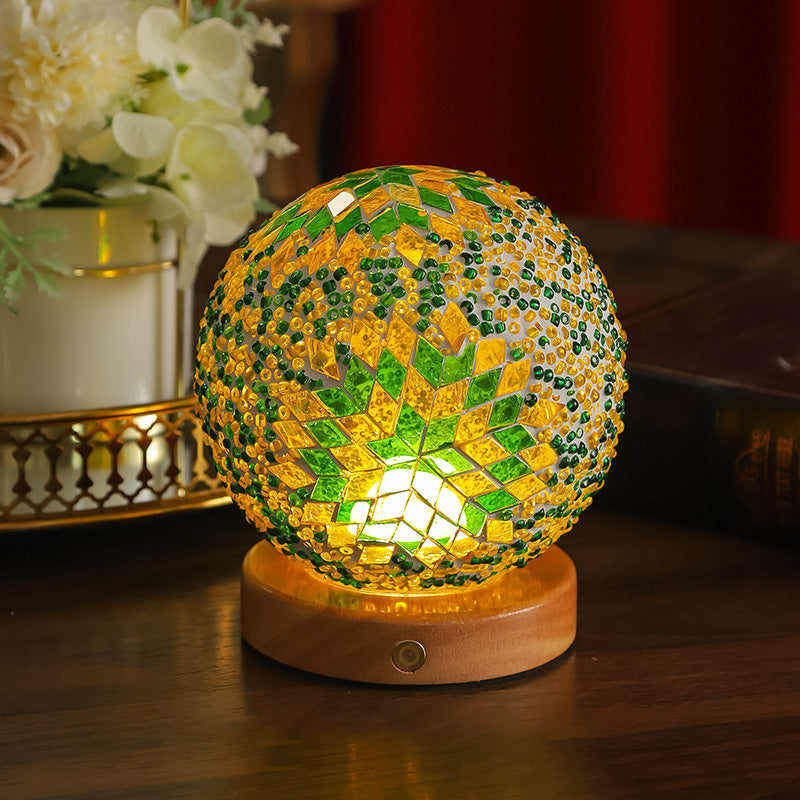Bohemian Glass Ball USB LED Table Lamp with Wooden Base for Bedroom Decor