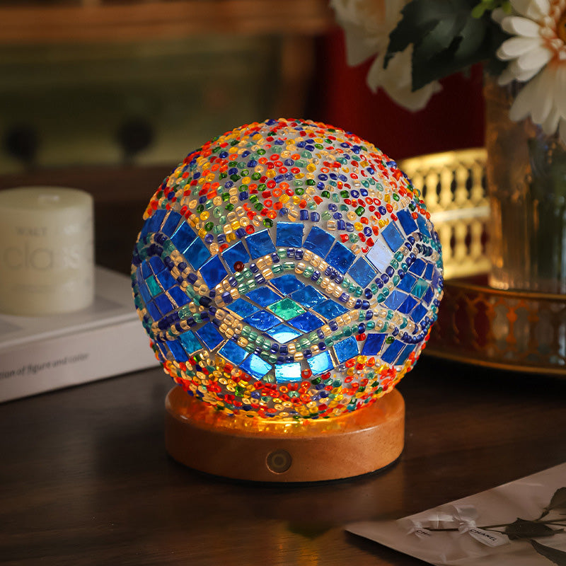 Bohemian Glass Ball USB LED Table Lamp with Wooden Base for Bedroom Decor