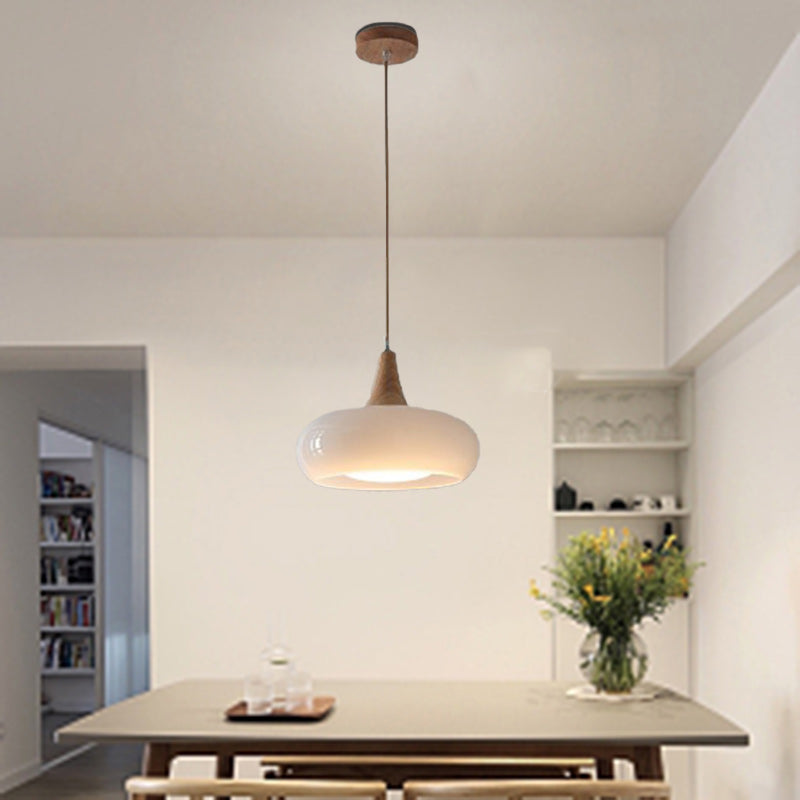 Nordic Cream Persimmon Wood Glass Pendant Light - 1-Light for Dining Room