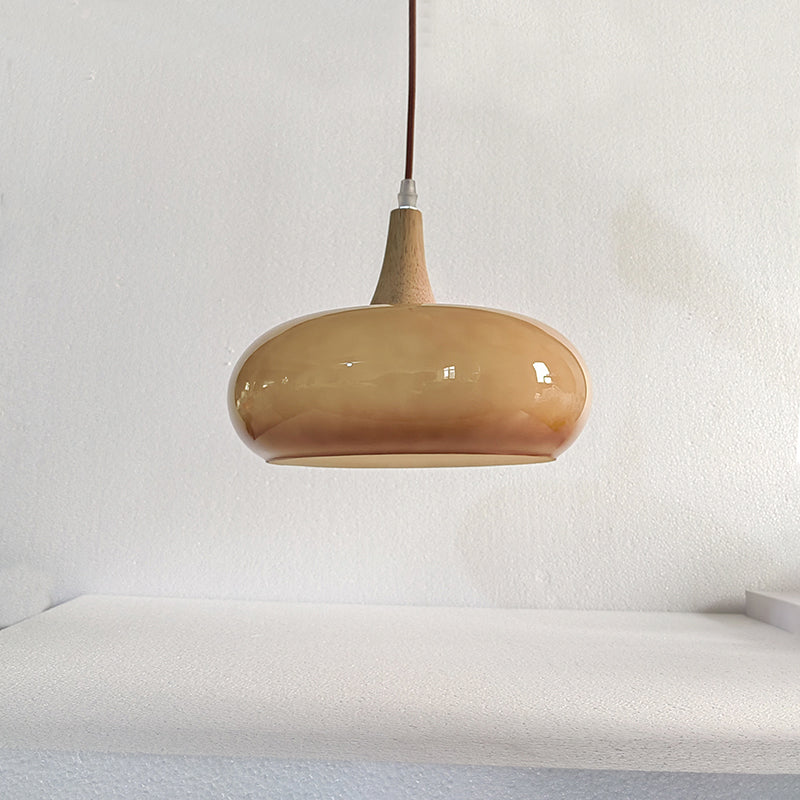 Nordic Cream Persimmon Wood Glass Pendant Light - 1-Light for Dining Room