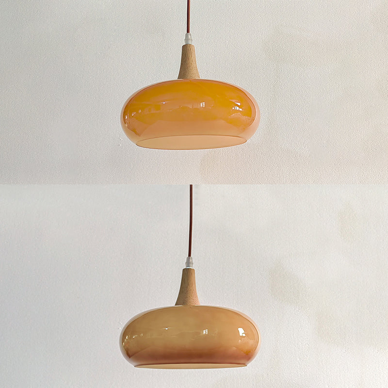 Nordic Cream Persimmon Wood Glass Pendant Light - 1-Light for Dining Room