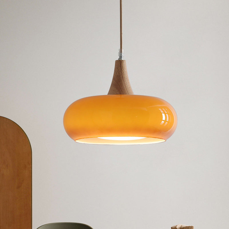 Nordic Cream Persimmon Wood Glass Pendant Light - 1-Light for Dining Room
