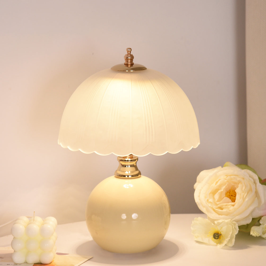 Nordic Half Dome Flower Table Lamp - Iron and Ceramic with Glass Shade