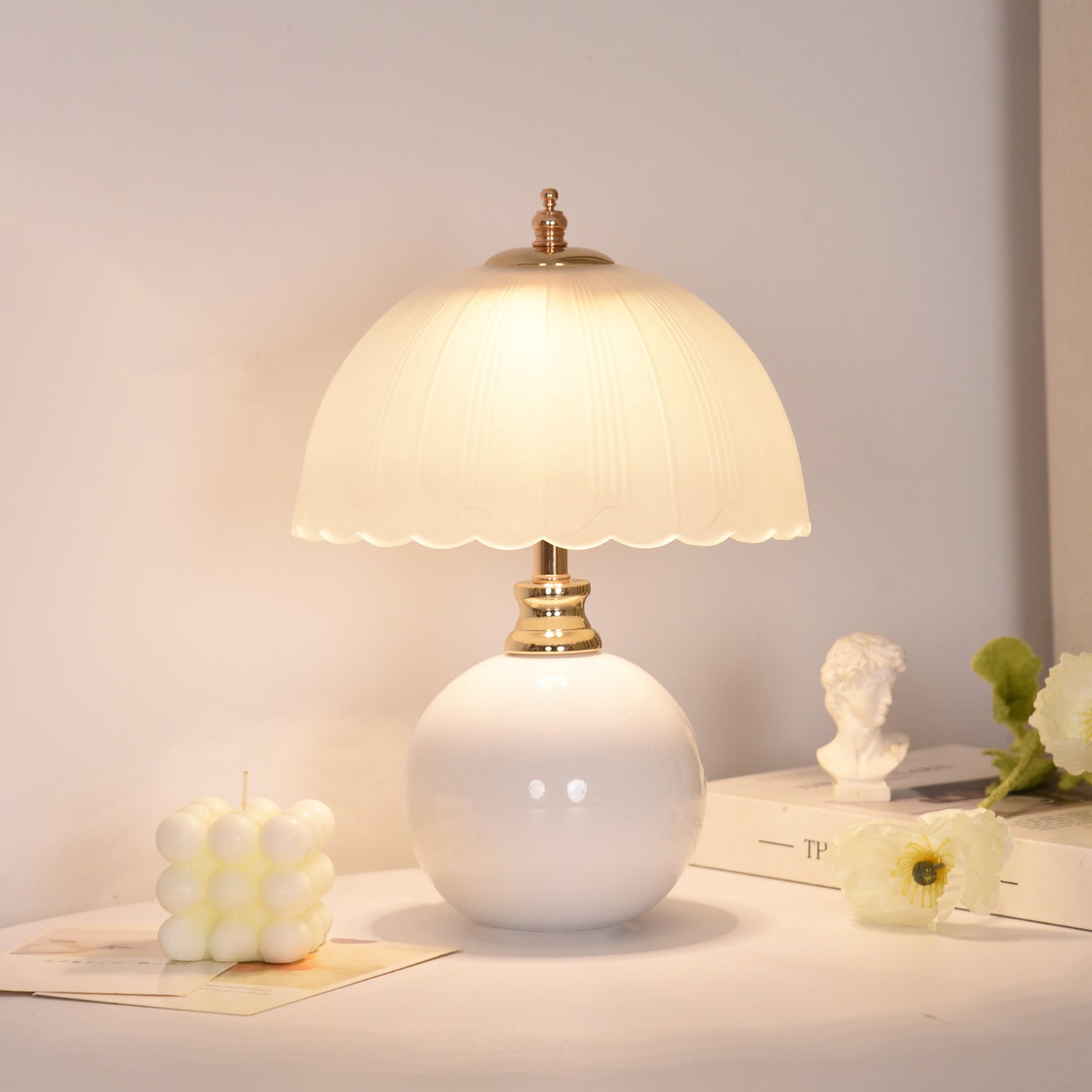 Nordic Half Dome Flower Table Lamp - Iron and Ceramic with Glass Shade