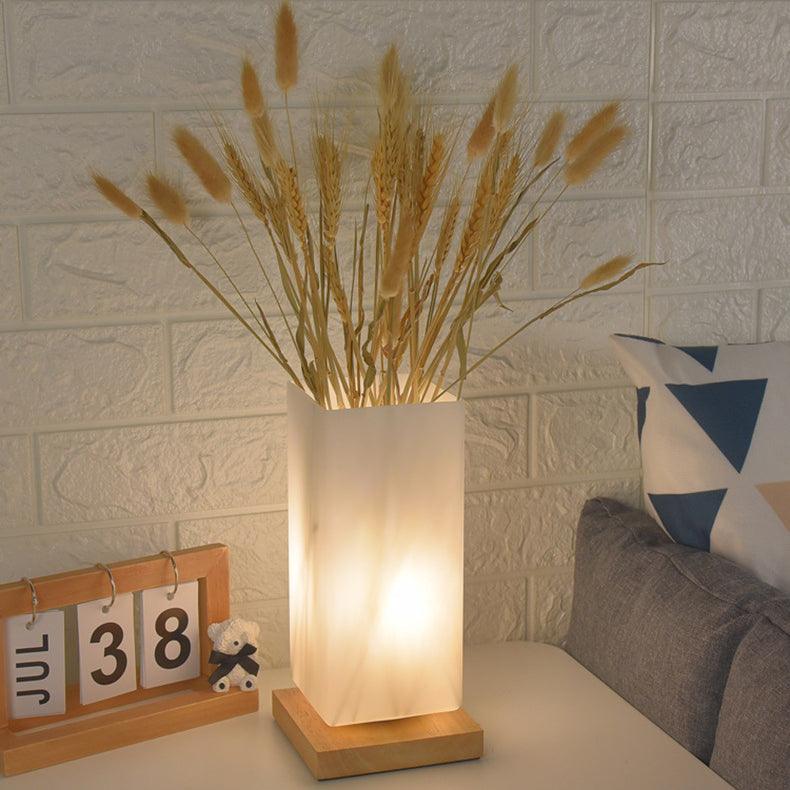 Scandinavian Rectangular Wood and Glass LED Table Lamp for Bedroom