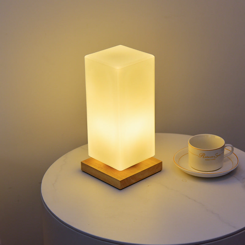 Scandinavian Rectangular Wood and Glass LED Table Lamp for Bedroom