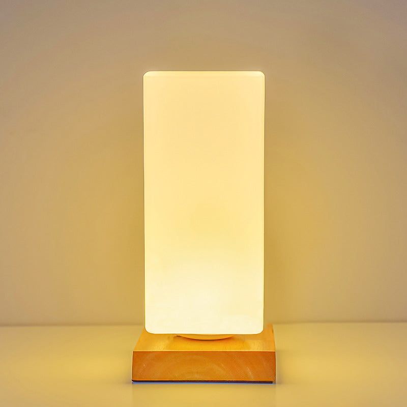 Scandinavian Rectangular Wood and Glass LED Table Lamp for Bedroom
