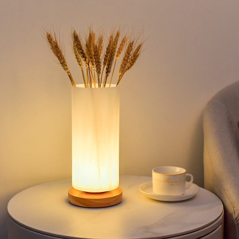 Scandinavian Rectangular Wood and Glass LED Table Lamp for Bedroom