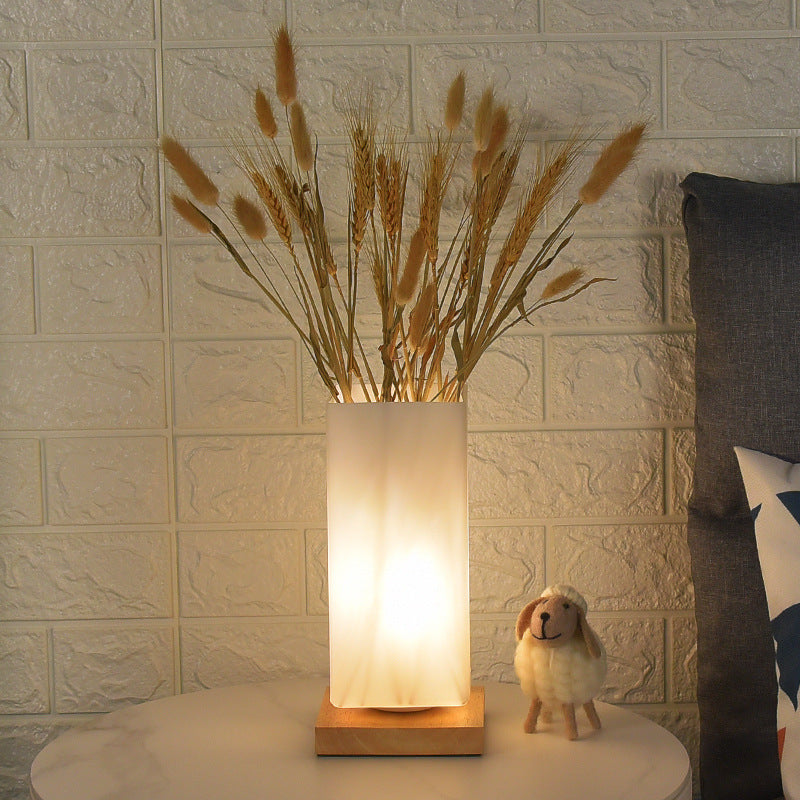 Scandinavian Rectangular Wood and Glass LED Table Lamp for Bedroom