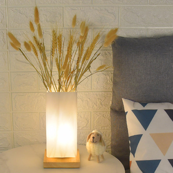 Scandinavian Rectangular Wood and Glass LED Table Lamp for Bedroom