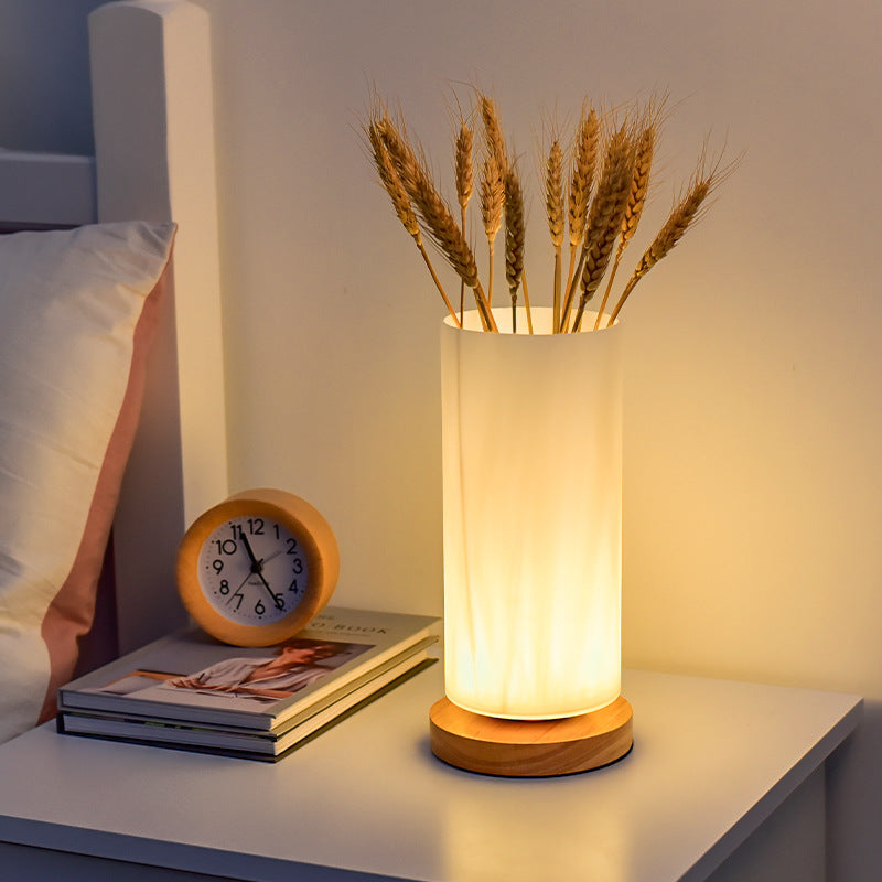 Scandinavian Rectangular Wood and Glass LED Table Lamp for Bedroom
