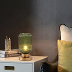 Scandinavian Round Striped Iron and Glass Table Lamp - 1-Light Design for Bedroom