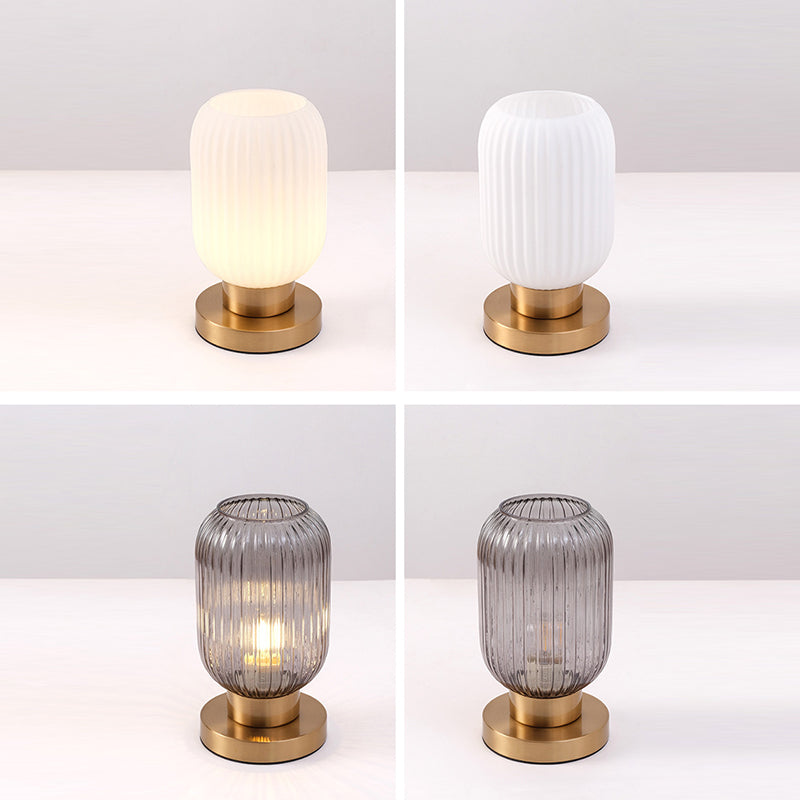 Scandinavian Round Striped Iron and Glass Table Lamp - 1-Light Design for Bedroom