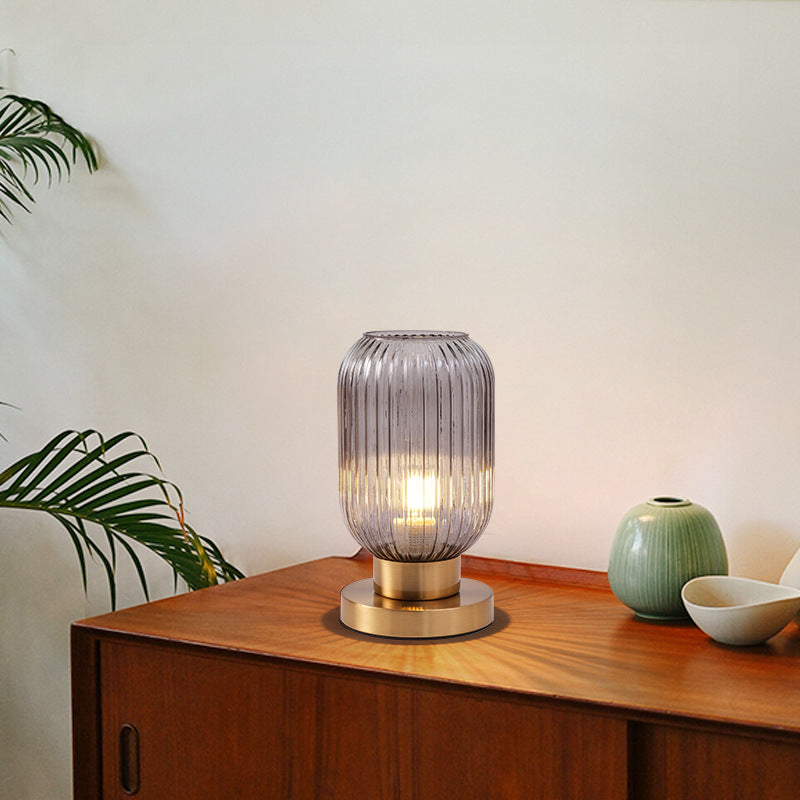 Scandinavian Round Striped Iron and Glass Table Lamp - 1-Light Design for Bedroom