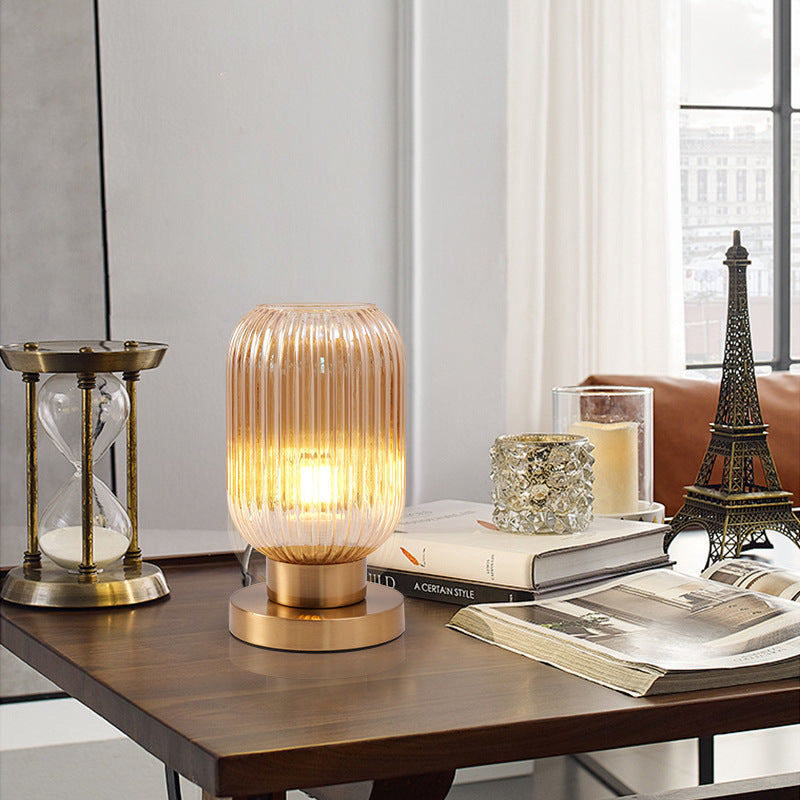 Scandinavian Round Striped Iron and Glass Table Lamp - 1-Light Design for Bedroom