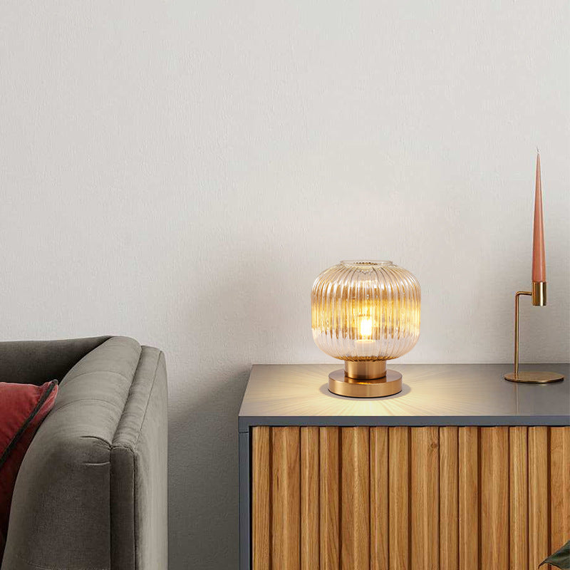 Scandinavian Round Striped Iron and Glass Table Lamp - 1-Light Design for Bedroom