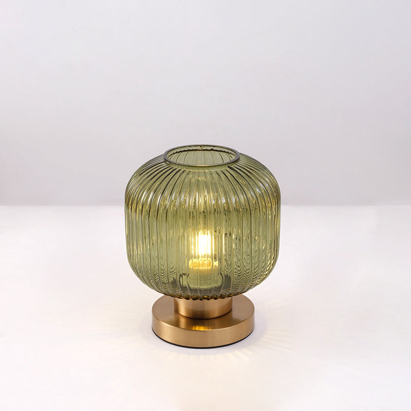 Scandinavian Round Striped Iron and Glass Table Lamp - 1-Light Design for Bedroom