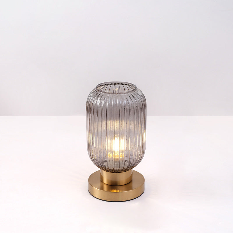 Scandinavian Round Striped Iron and Glass Table Lamp - 1-Light Design for Bedroom