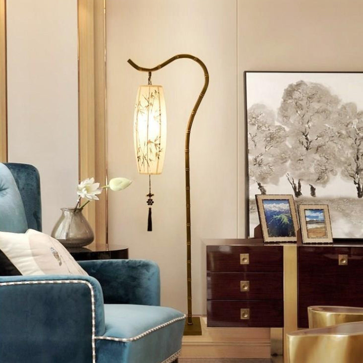 Zen Bamboo Floor Lamp with Arc Iron Base - 1-Light Design for Home and Office