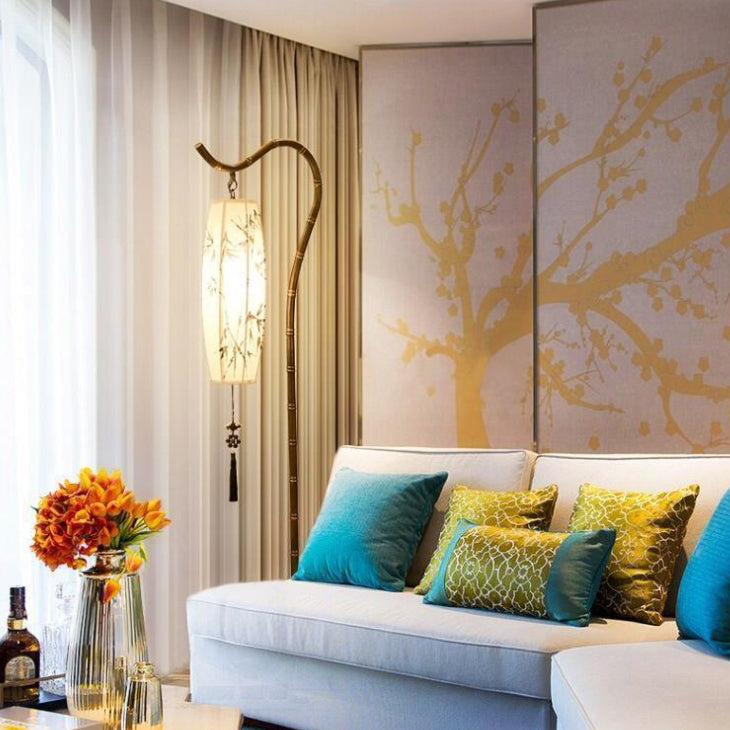 Zen Bamboo Floor Lamp with Arc Iron Base - 1-Light Design for Home and Office