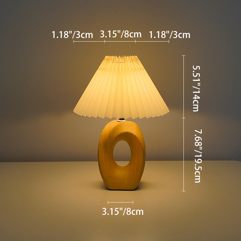Japanese Pleated Fabric Shade LED Table Lamp with Wood Grain Ceramic Base - USB Powered