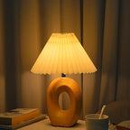 Japanese Pleated Fabric Shade LED Table Lamp with Wood Grain Ceramic Base - USB Powered