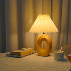 Japanese Pleated Fabric Shade LED Table Lamp with Wood Grain Ceramic Base - USB Powered