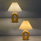 Japanese Pleated Fabric Shade LED Table Lamp with Wood Grain Ceramic Base - USB Powered