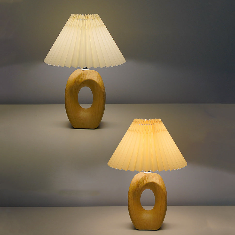 Japanese Pleated Fabric Shade LED Table Lamp with Wood Grain Ceramic Base - USB Powered