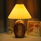 Japanese Pleated Fabric Shade LED Table Lamp with Wood Grain Ceramic Base - USB Powered